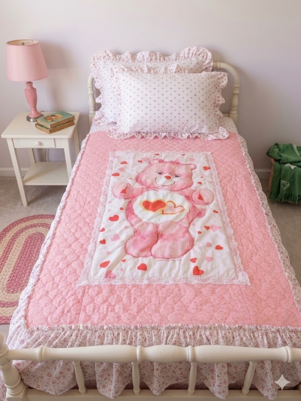 Vintage Care Bears Love-A-Lot Bear Twin Size Quilt Pink Hearts Ruffle Trim RARE